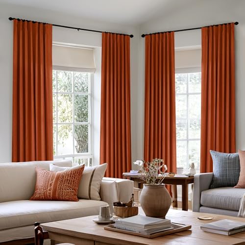 MIULEE Burnt Orange Pinch Pleated 100% Blackout Linen Curtains for Bedroom, Room Darkening Rust Terracotta Fall Curtains 84 inches Long for Living Room, Black Out Pleat Drapes with Pin Hooks, 2 Panels