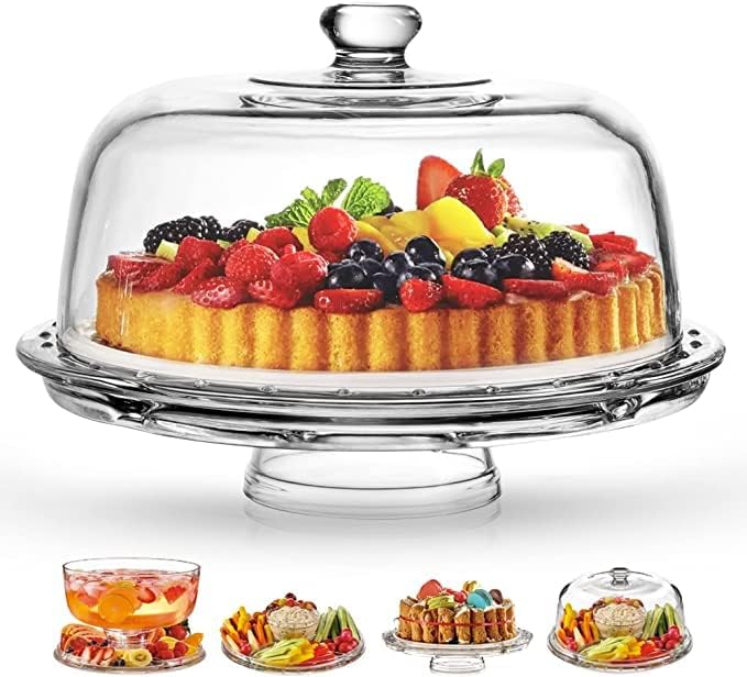 Royalty Art Cake Stand with Dome, 6-in-1 Multifunctional Glass Serving Platter for Cakes, Desserts, Fruits, Snacks, Pastries, Appetizers - Elegant Pedestal Display, Durable Italian-Made Glass - Made in Italy