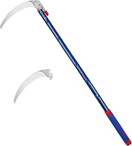 DWFKHT Detachable Grass Sickle, Folding Harvest Scythe Tool with Carbon Steel Blade and Anti-Slip Rubber Handle, Includes 1 Spare Blade, Lightweight Sickle Garden Tool Long Handle for Garden and Yard