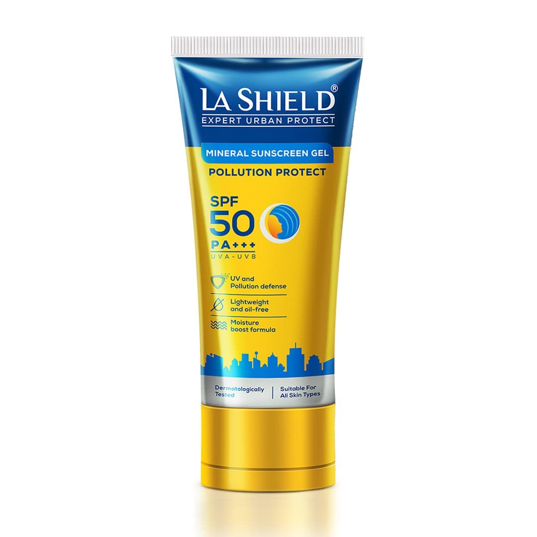 La Shie'ld Pollution Protect SPF 50 Mineral Sunscreen Gel | PA+++ | Lightweight & Oil free | Moisture boost formula | Water resistant| All Skin types |Dermatologist Tested | 50g