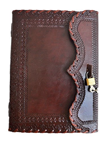 10" Leather Journal with lock Writing Pad Blank Notebook Handmade Notepad Men & Women Unlined Paper Best Present Art Sketchbook Travel Diary To Write Book Of Shadow Refillable Grimoire Maroon