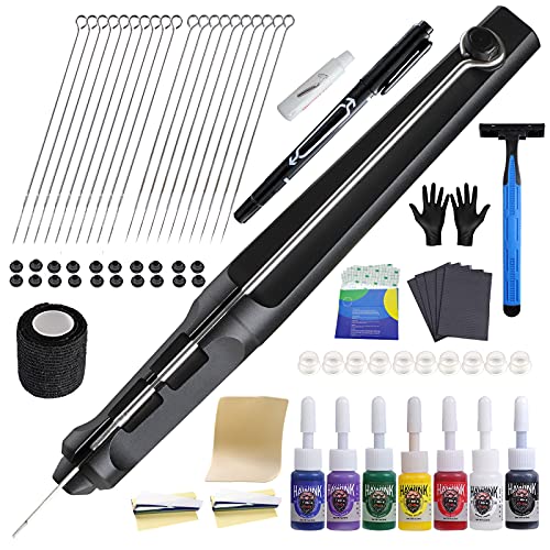 HAWINK Hand Tattoo Poke Stick Kit DIY Tattoo Tool Kit with 7 Ink 20 PCS Needles Aluminum Alloy Pen GK-HW801TN01-1