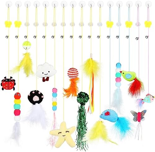 Lenwen Cat Toys,16 Pieces Retractable Door Hanging Cat Toy Bouncing String Feather Cat Teaser Toy Bird Fish Mouse Interactive Cat Toys for Cats Kitten Hunting Play Chase Indoor Exercise