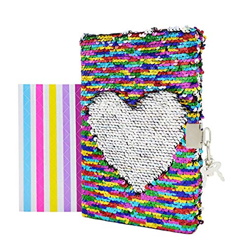 VIPbuy Magic Reversible Sequin Notebook Diary Lined Travel Journal with Lock and Key for Kids Girls, Size A5 (8.5