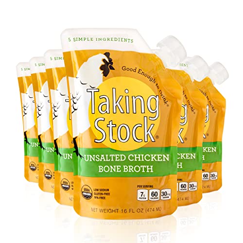 Taking Stock® Unsalted Chicken Bone Broth | Organic, BPA Free, Gluten-Free, High Protein, Low Sodium and Low Calorie | 30mg sodium per serving | 16 Oz (6 Pack)