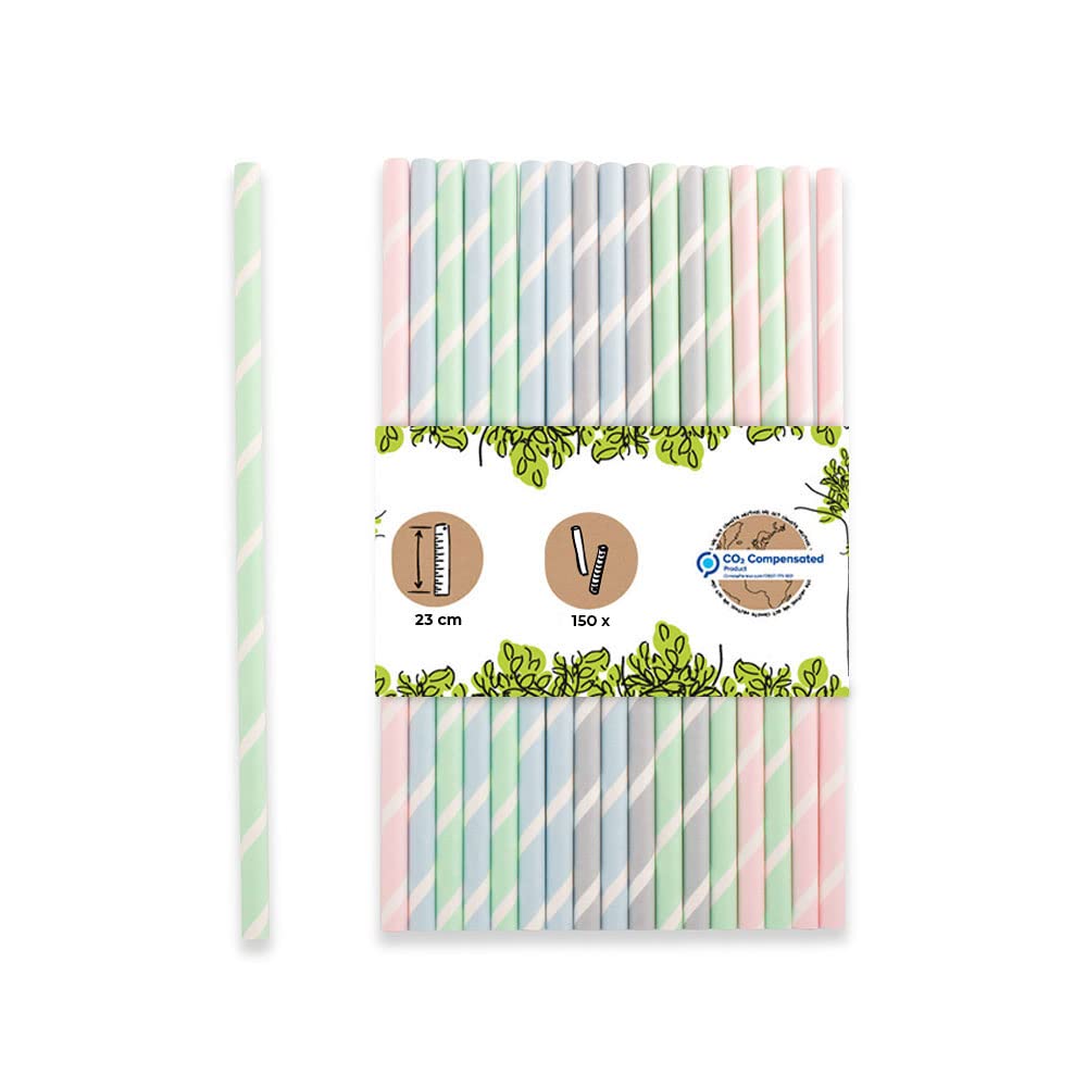 GREENBOXPaper Jumbo Straws 23 cm Long Pastel Striped I Diameter 0.8 cm I Straws for Parties or Gastro I Biodegradable & Plastic-Free I Made from Recycled Materials I Pack of 150