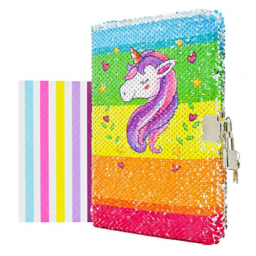 VIPbuy Kid Girls’ Unicorn Notebook Diary with Lock and Key Flip Sequin Journal w/ Photo Corner, 8.5” x 5.5”, 156 Pages