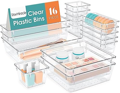 StorMiracle 16 PCS Drawer Organizer Set, 5 Varied Size Bathroom and kitchen Drawer cabinet organizer Trays, Clear Storage Bins for Makeup, Jewelry, Utensils and Gadgets