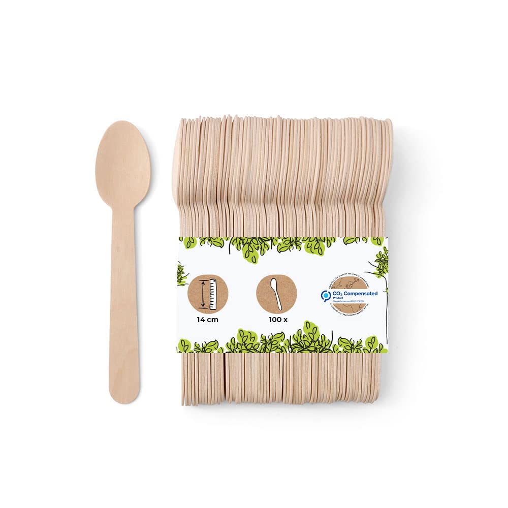 GREENBOXEnvironmentally Friendly Disposable Wooden Spoons I Wooden Cutlery Soup Spoon Wooden Spoon Disposable Cutlery I Biodegradable and Compostable Cutlery I 100 x Disposable Spoons 14 cm