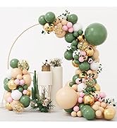 RUBFAC 150pcs Sage Green Pink Balloon Garland Arch Kit, Olive Green Blush Peach Gold Balloons wit...