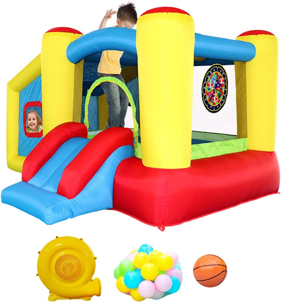 WELLFUNTIME Inflatable Bounce House with Blower, Jumping Castle Slide, Kids Bouncer with Ball Pit, Basketball Rim, Dart Target Game