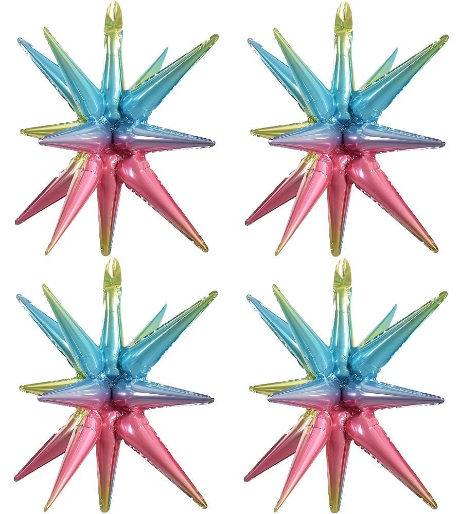 TONIFUL4 Pcs 22inch 4D Rainbow Starburst Cone Mylar Balloons 14Point Star Balloons Explosion Star Foil Balloons for Party Supplies Backdrop Christmas,New Year,Birthday, Wedding,Photo Booth Ornament