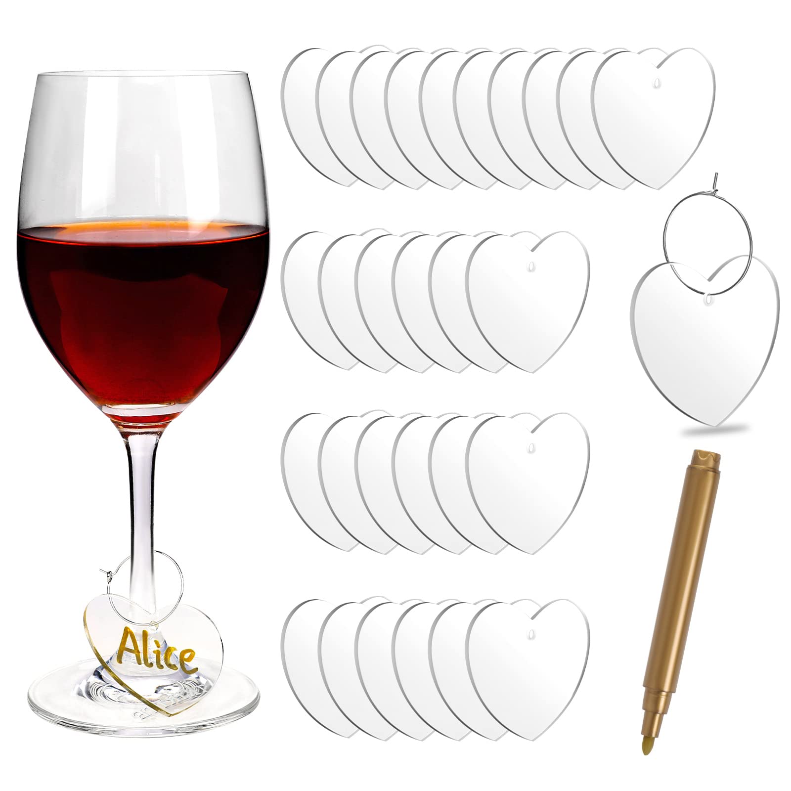 MAKALONE 36pcs DIY Acrylic Wine Glass Charms with 1 Gold Marker Pen Heart Shaped Drink Markers Clear Wine Glass Name Tags for Valentine's Day Stem Glasses Wedding Wine Tasting Party Favors