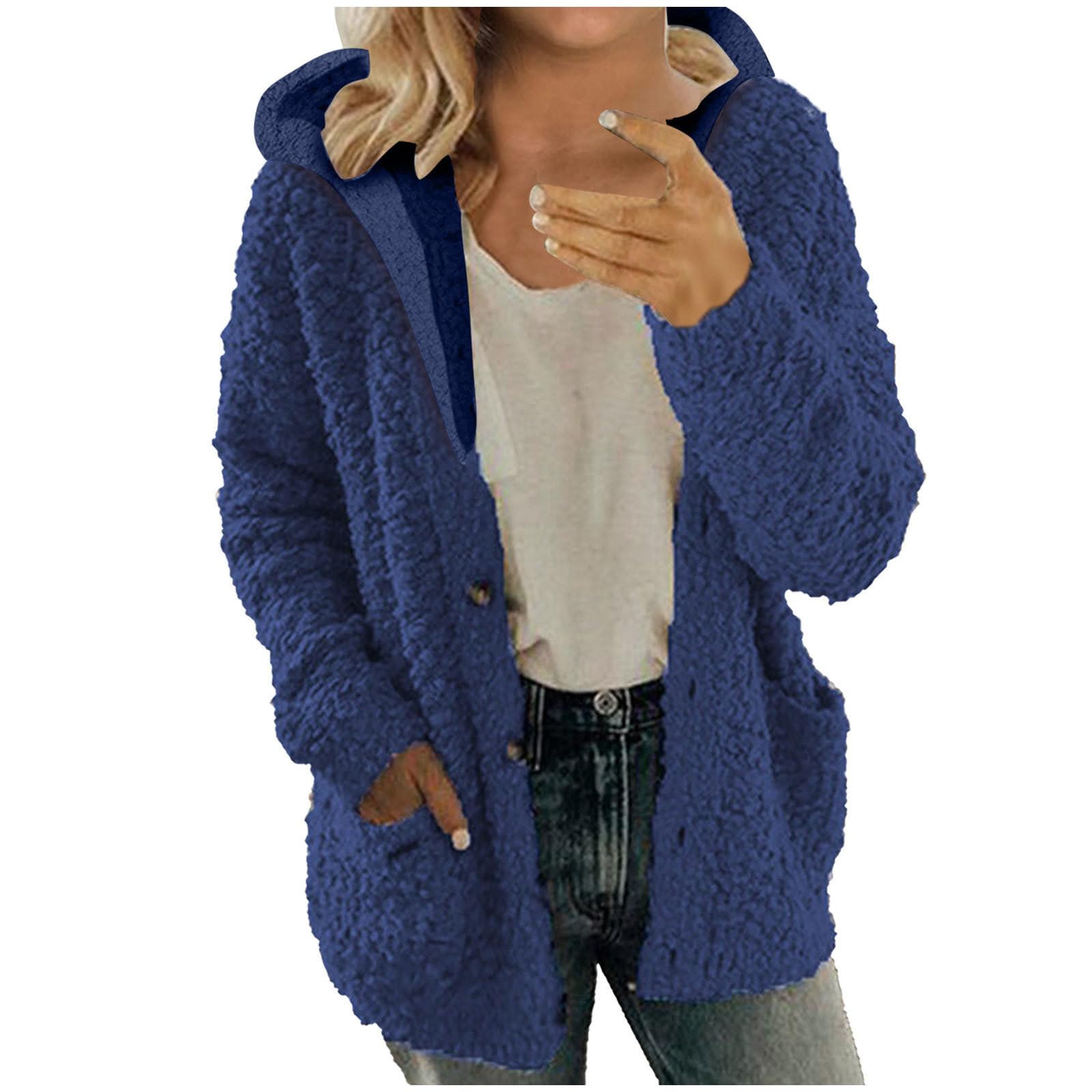 GenericWomen Sherpa Hooded Jacket Solid Button Down Open Front Fuzzy Fleece Teddy Coat Soft Trendy Casual Outerwear Winter Clothes