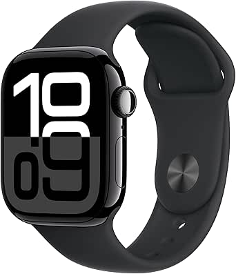 Apple Watch Series 10 [GPS 42mm case] Smartwatch with Jet Black Aluminium Case with Black Sport Band - M/L. Fitness Tracker, ECG App, Always-On Retina Display, Water Resistant