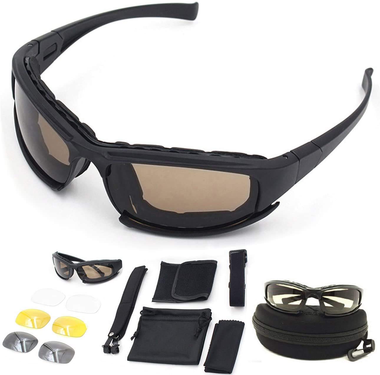 GLOBAL Polarized Motorcycle Riding Glasses Padded Glasses Frame Goggle Kit Include 4 Lens Kit, Glasses Case, Strap, Pouch, and Cleaning Cloth for Outdoor Activity Sport Hunting (X7 Polarized)