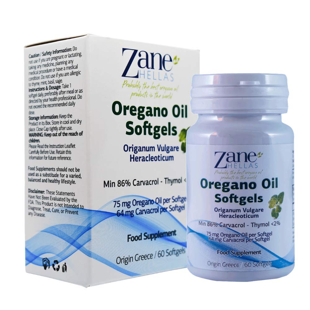 Zane Hellas Oregano Oil Softgels.High Concentration. Every Softgel Contains 20% Greek Essential Oil of Oregano. 100 mg Carvacrol per Softgel. 120 Softgels. Pack of 2.