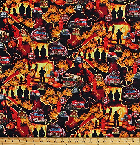 Cotton Firefighters Firemen Fire Trucks Fire Department Badges Equipment Heroes Flames Under Fire Cotton Fabric Print by The Yard (D774.70)