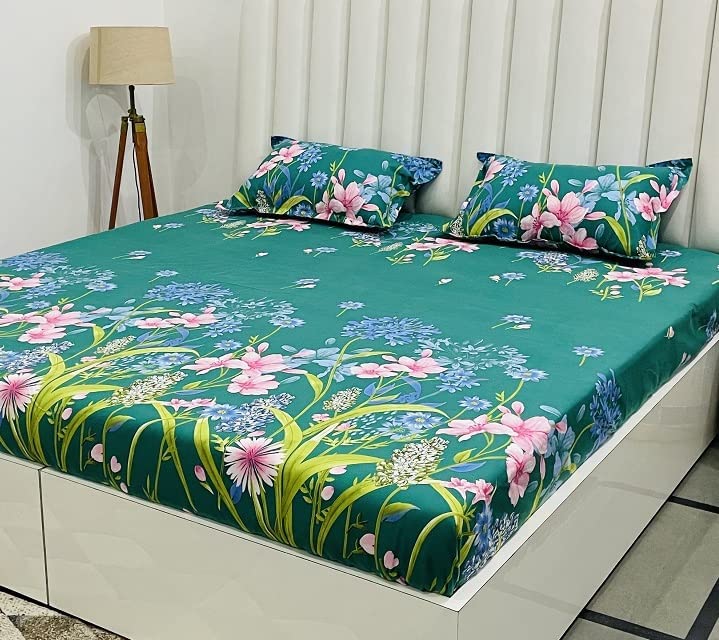 RD TREND King Size Cotton Feel 210Tc Elastic Fitted Double Bedsheet (72 x 78 x 8 Inches) with 2 Pillow Covers Color-Green, Pattern-Floral