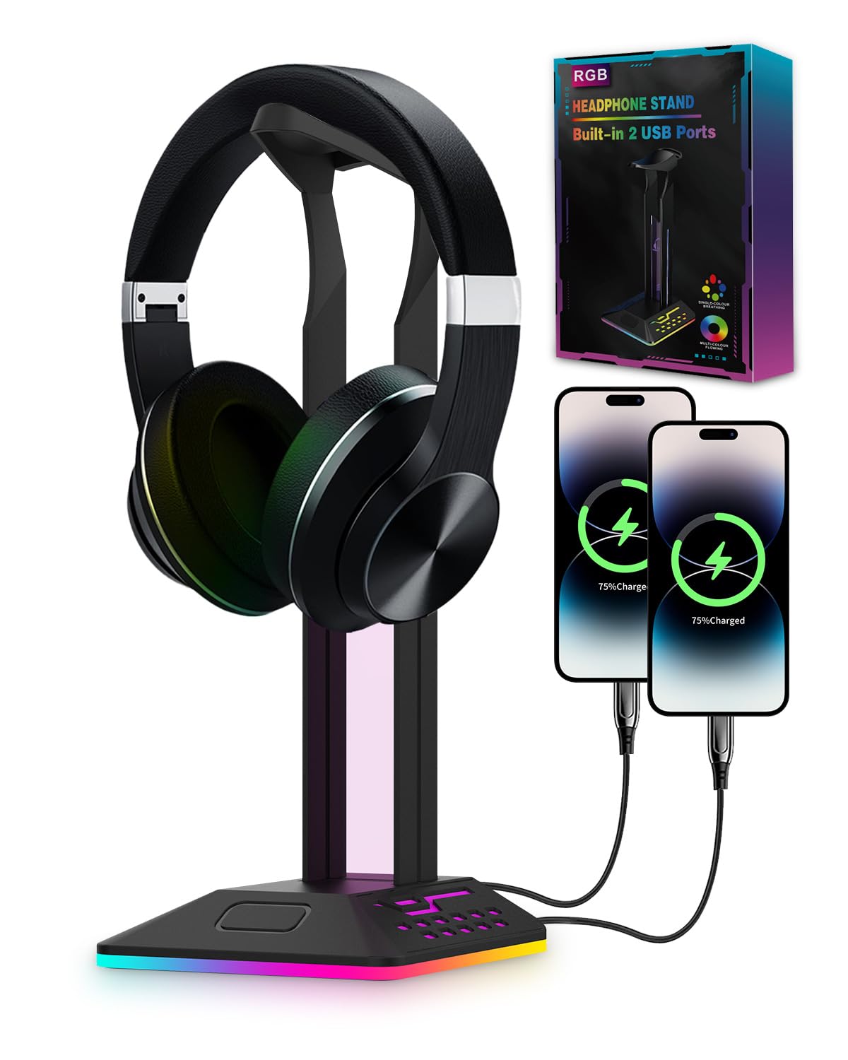 KALAHOL RGB Headphone Stand, Gaming Accessories Headset Stand, 2 USB & 1 Type-C Ports, LED Headset Holder for PC Gamer Headphone Accessories for All Headphones, Gift for Birthday, Boys, Christmas