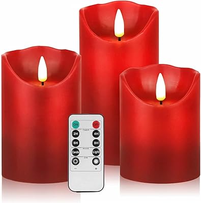 HEIOKEY 3 Pack Red Flickering Flameless Candle Set, Battery Operated Candles with 10-Key Remote Control, Electric Pillar Candle with Timer, Dancing Flames Real Wax Fake Candle for Festive Celebrations