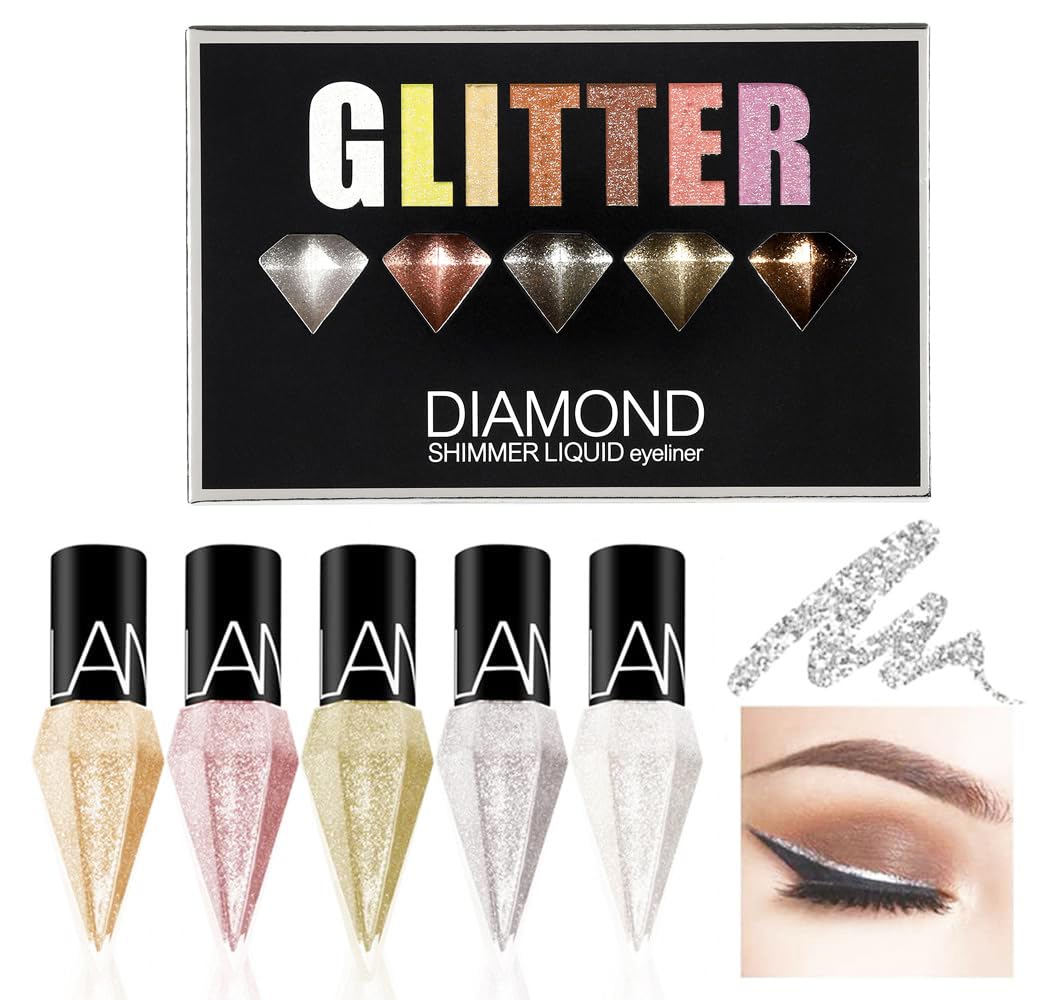 5Colors Liquid Glitter Eyeliner,Silver Gold Diamond Eye Liner Shimmer Metallic Eyeliner Eye Shadow Korean Makeup Long Lasting, Sparkling Eyeshadow Eye liner Crystals Eye Glitter Makeup