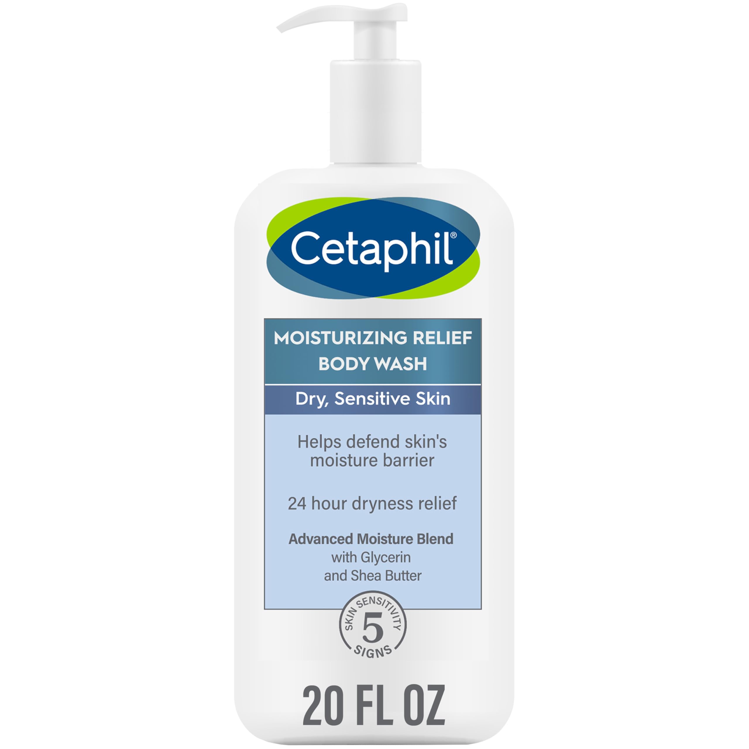 Cetaphil Body Wash by CETAPHIL, NEW Moisturizing Relief Body Wash for Sensitive Skin, Creamy Rich Formula Gently Cleanses and Gives 24 Hr Relief to Dry Skin,Hypoallergenic, Fragrance Free, 20 oz