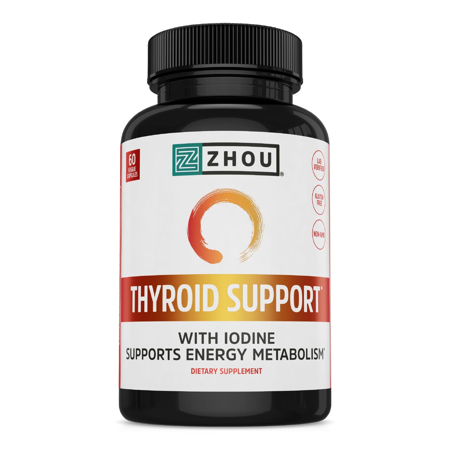 Zhou Thyroid Support Complex with Iodine Supplement, Increase Energy, Fight Brain Fog with Vitamin B12, Iodine, Magnesium, Zinc, Selenium, No Soy, Gluten-Free, 30 Servings, 60 Caps