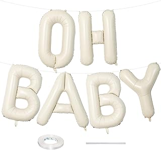 40 Inch Beige OH BABY Balloon for Baby Shower, Large Cream White Oh Baby Balloons Letters with Ribbon, Neutral Ivory Alpha...