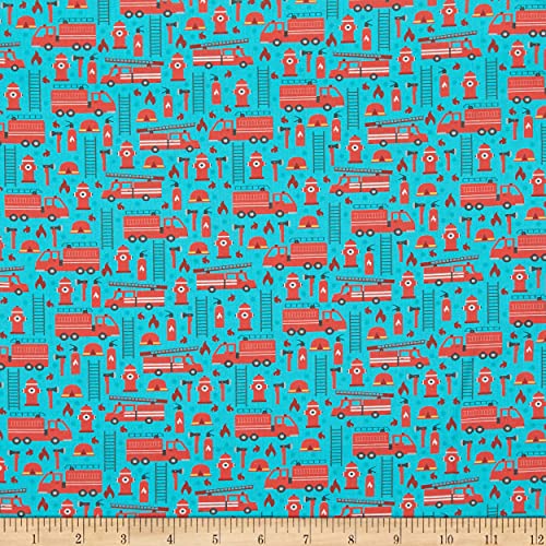 Marshall Dry Goods Fire Trucks Light Blue, Quilting Fabric by the Yard