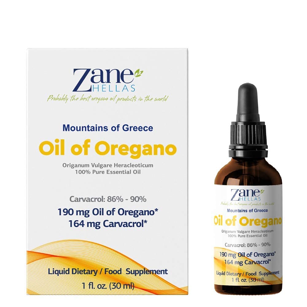 Zane Hellas 190 mg Oregano Oil-164 mg Carvacrol per Serving-4 Drops Daily. 100% Greek Undiluted Oil of Oregano. 86%-90% Min Carvacrol. Probably The Best Oregano Oil in The World. 1 fl. oz.-30ml.