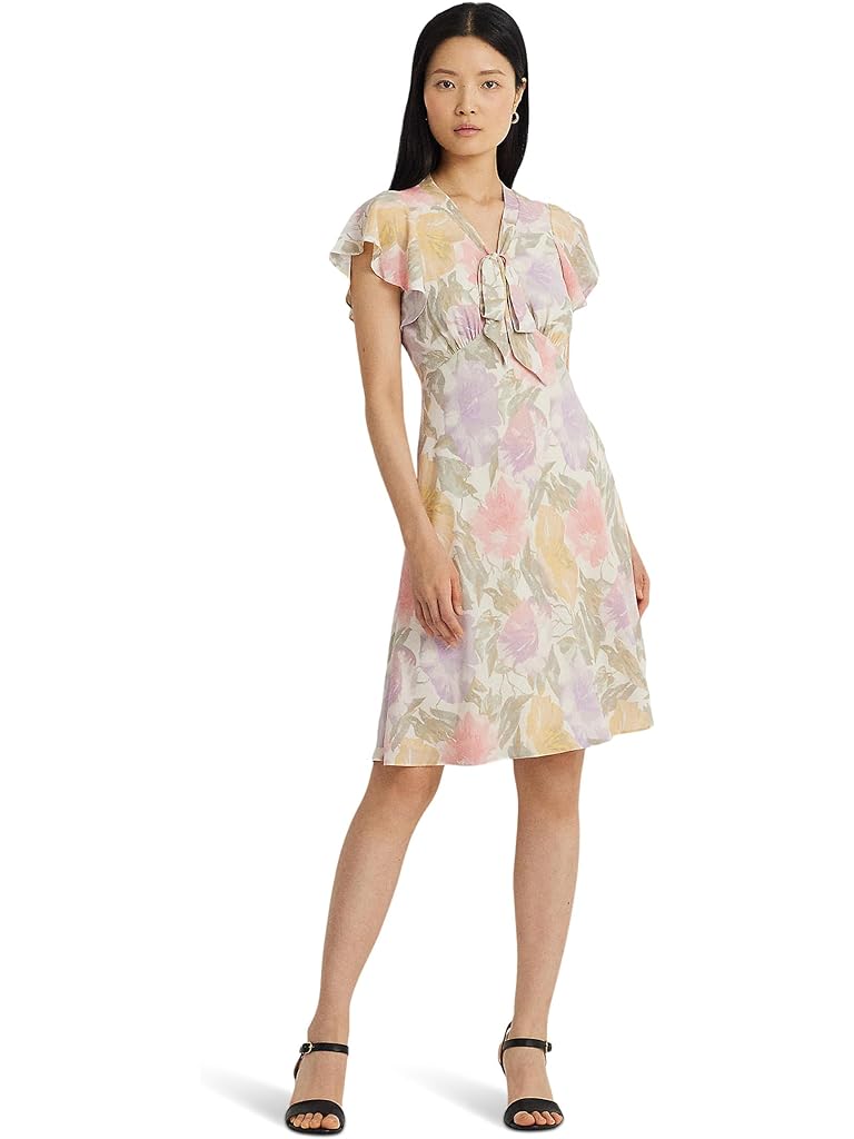 Lauren Ralph Lauren Floral Bubble Crepe Tie-Neck Dress