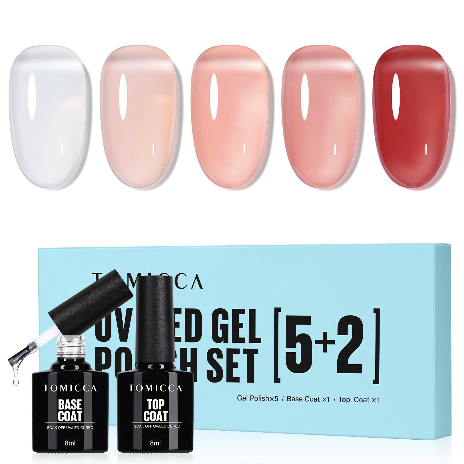 TOMICCAGel Nail Polish Set, 5 Pcs Jelly Nail Polish with Top and Base Coat Set, French Style Soak Off Gel Polish Starter Set, Breathable Nail Polish 8ml Manicure Gifts Set for Women Girls