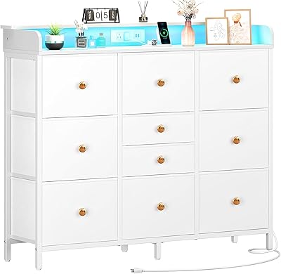 Yoobure Dresser for Bedroom with Charging Station and LED Lights, Tall Dresser TV Stand With 10 Storage Drawers,Fabric White Dressers & Chests of Drawers,Wood Dresser for Kids Bedroom Closet Organizer