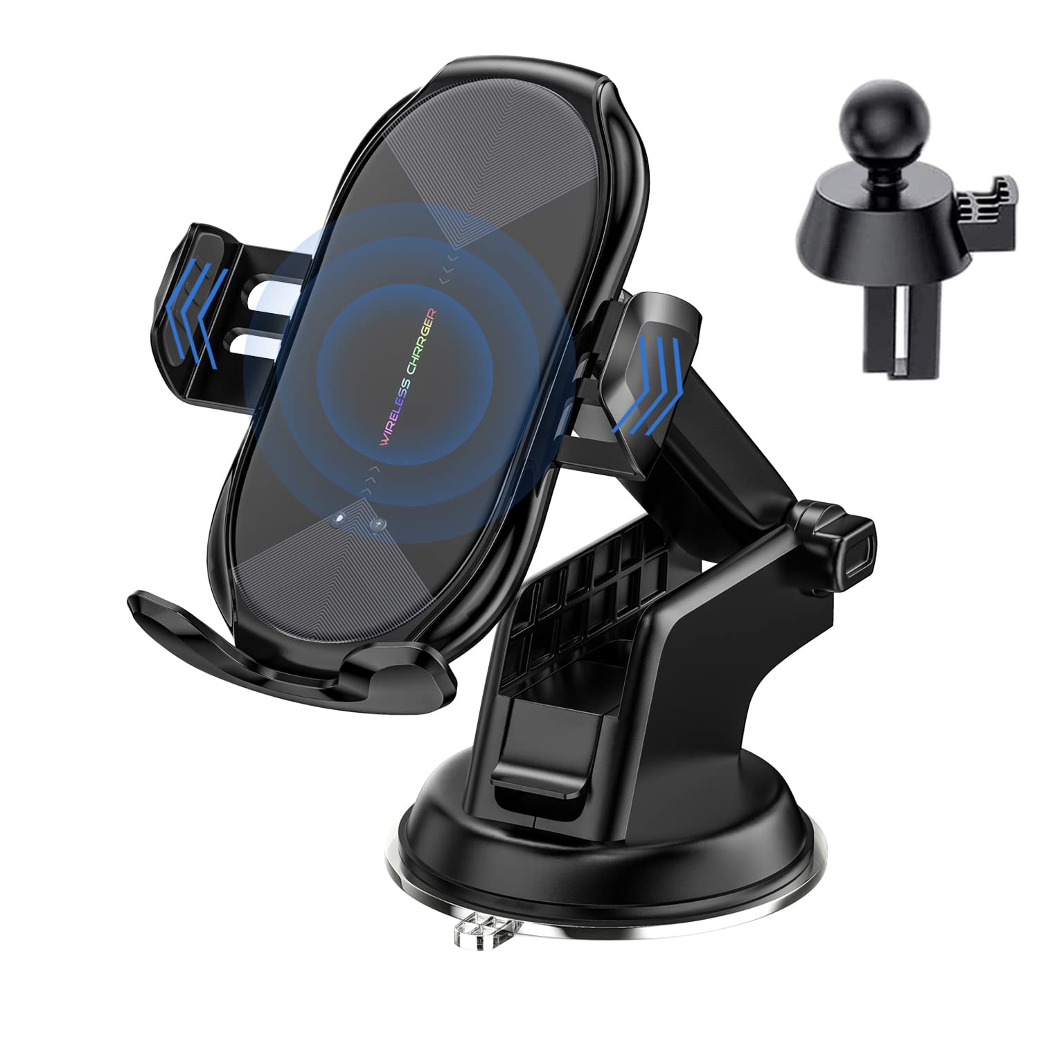 Wireless Car Charger,15W Qi Fast Charging Auto-Clamping Air Vent Windshield Dashboard Car Phone Mount,Long Arm Suction Cup Holder for iPhone Samsung LG