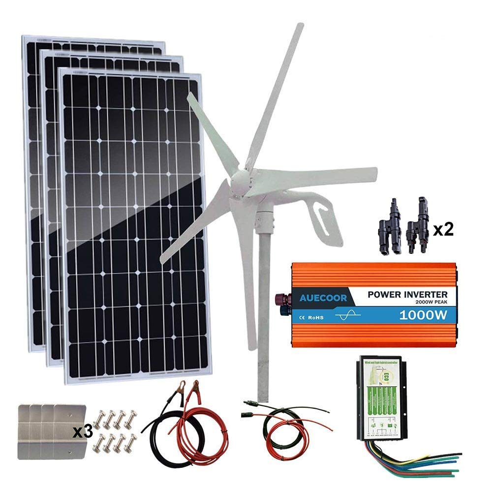 AUECOOR 700W 12V /24V Solar Wind Turbine Generator Kit: 1pc 400 Watt Wind Turbine + 3pcs 100W Mono Solar Panel for Home, Cabin, Farm, Off Grid Application