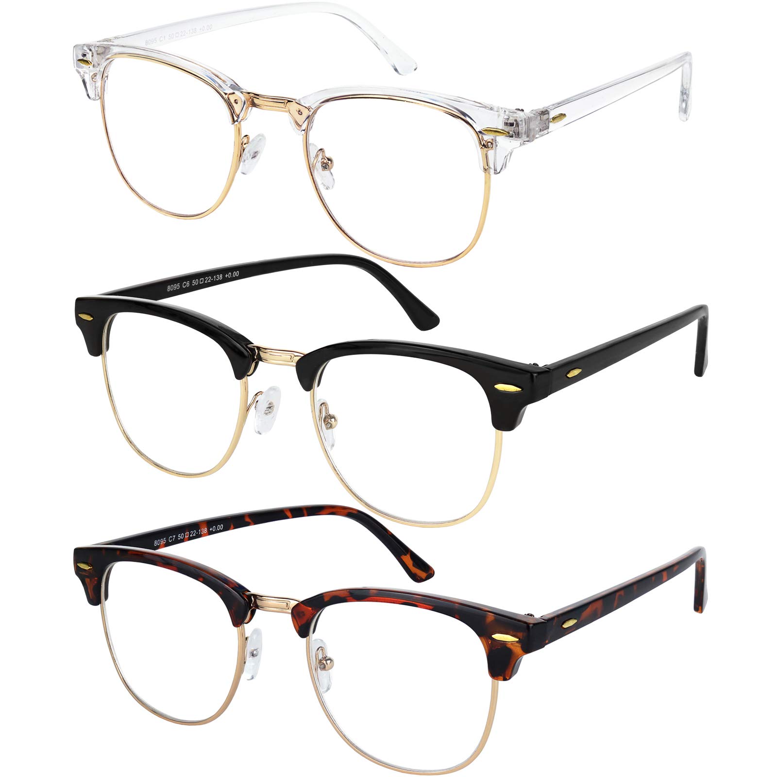 Blue Light Gl for Men and Women Semi Rimless Half Rim Computer Eyegl 3 Pack Crystal Gold, Black Gold, Brown Havana Gold