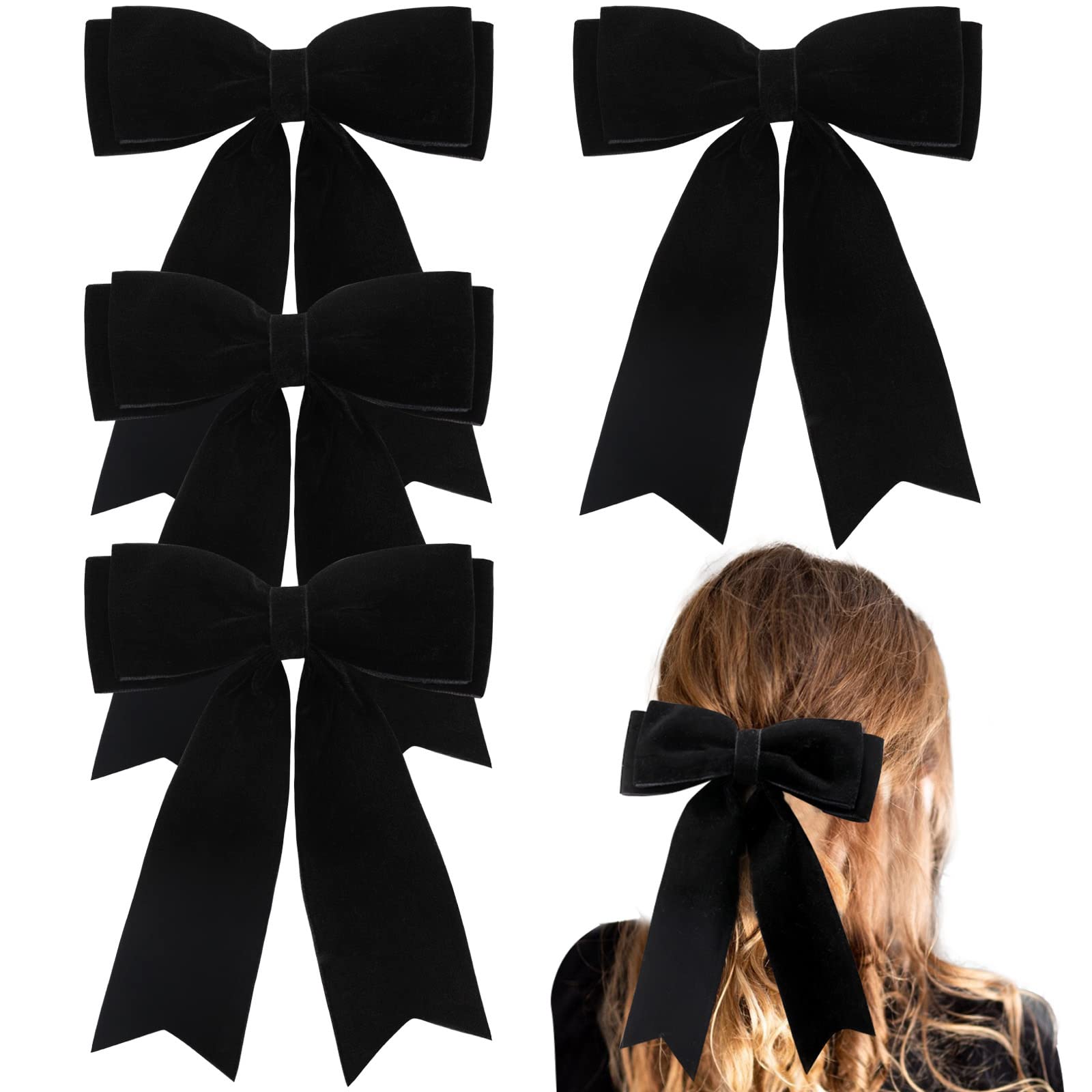 4PCS Velvet Hair Bows for Girls, Black Hair Bow Clips Ponytail long Ribbon Bows Hair Accessories for Women Girls Toddlers Infant (Black)