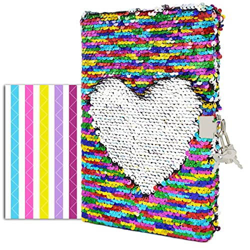 VIPbuy Magic Reversible Sequin Notebook Diary Lined Travel Journal with Lock and Key for Kids Girls, Size A5 (8.5" x 5.5"), 78 Sheets, Rainbow to Silver