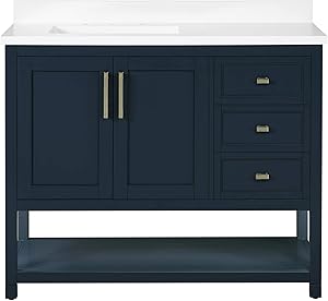 Ove Decors Stanley 42 inch Bathroom Vanity Combo Freestanding Bath Cabinet | Modern Single Sink with Cultured Marble Countertop | Backsplash Included, Midnight Blue