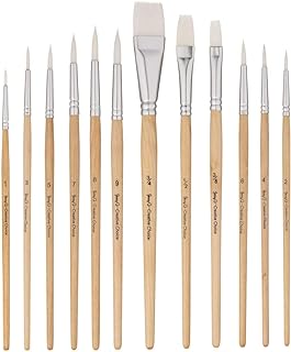 Jerry Q Art 12 PC White Synthetic Hair Round and Flat Paint Brush Set with Short Wood Handle for Acrylic, Watercolor and A...