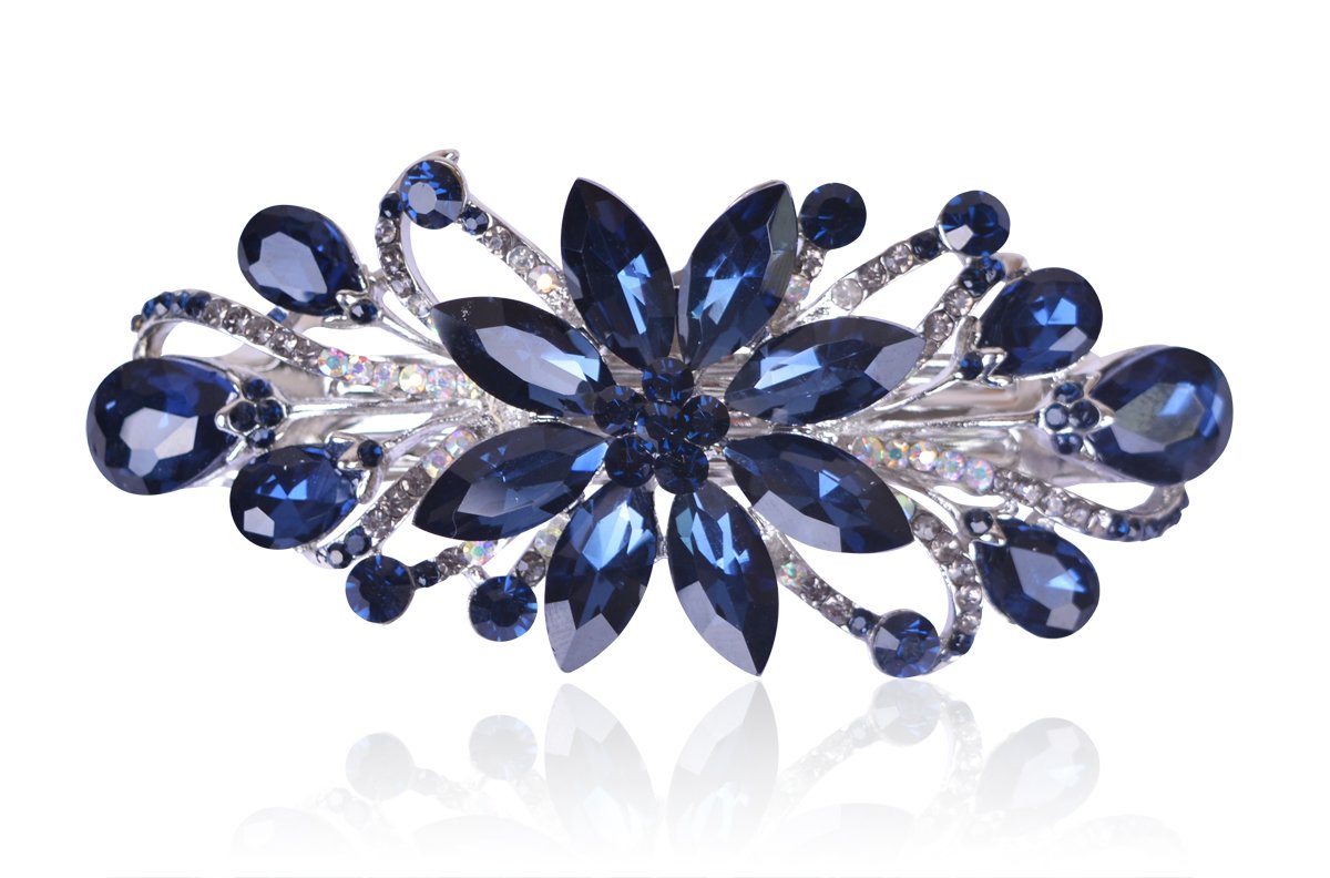 Flower Luxury Jewelry Design Hairpin Rhinestone Hair Barrette Clip,Also Perfect Mother's Day Gifts for Mom(Dark Blue)