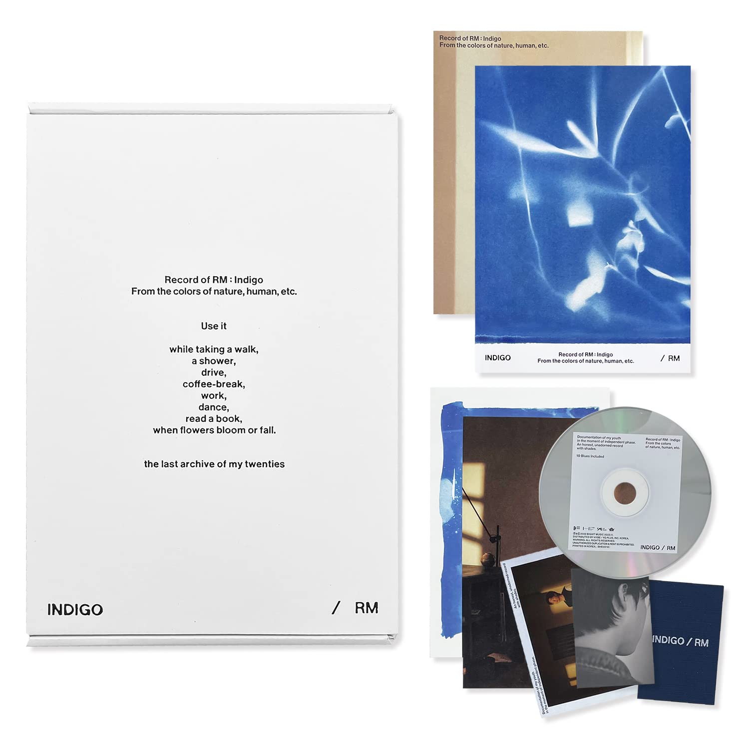 RM of BTS - [Indigo] (Book Edition) Outer Box + Book + CD + Postcard + Photocard + Fabric Card + Instant Photo + Folded Poster + 2 Extra Photocards