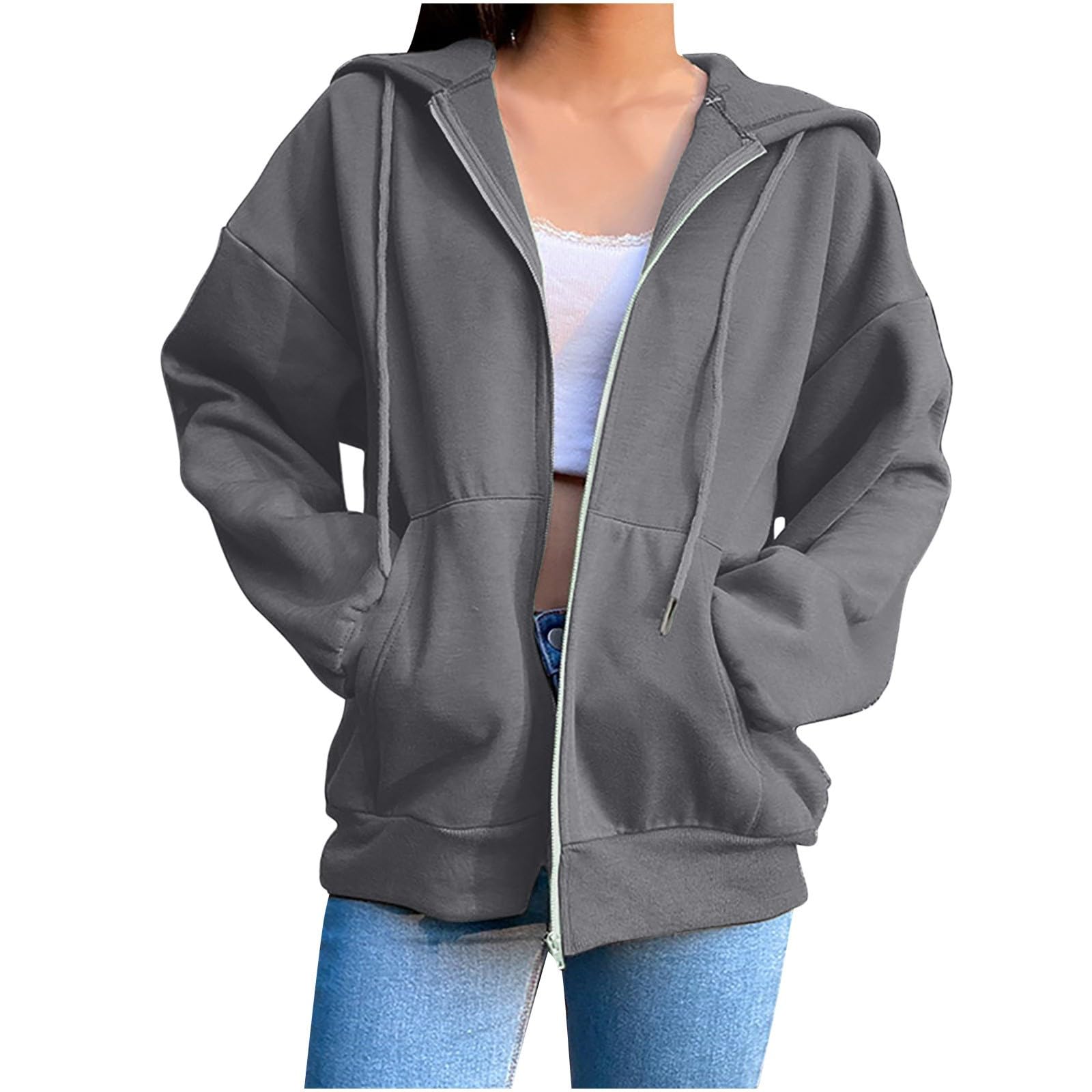 Womens Zip Up Hooded Pullover Long Sleeve Open Front Solid Drawstring Sweatshirt Loose Casual Fashion Fall Outfit with Pocket