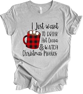 I Just Want To Drink Hot Cocoa And Watch Christmas Movies Letter Printed Buffalo Plaid Cup Graphic T Shirt Red Black Women...