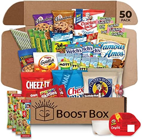 BOOST BOX (50 Count) Premium Snack Boxes, Care Packages & Gifts Baskets for Kids Variety Pack Mix Gift Sampler Chips Cookies Candy Treats Office Staff Military Adults Kids College Students Birthday Recognition