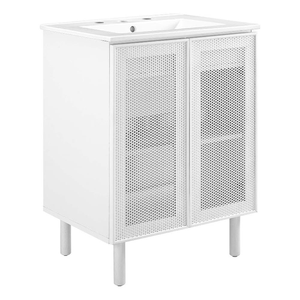 Modway Calla 24 Inch Single Combo White, Compact Small Space Cabinet with Storage and Perforated Metal Doors, Modern Freestanding Bathroom Sink Vanity Set  (Incomplete) (Missing Pieces)