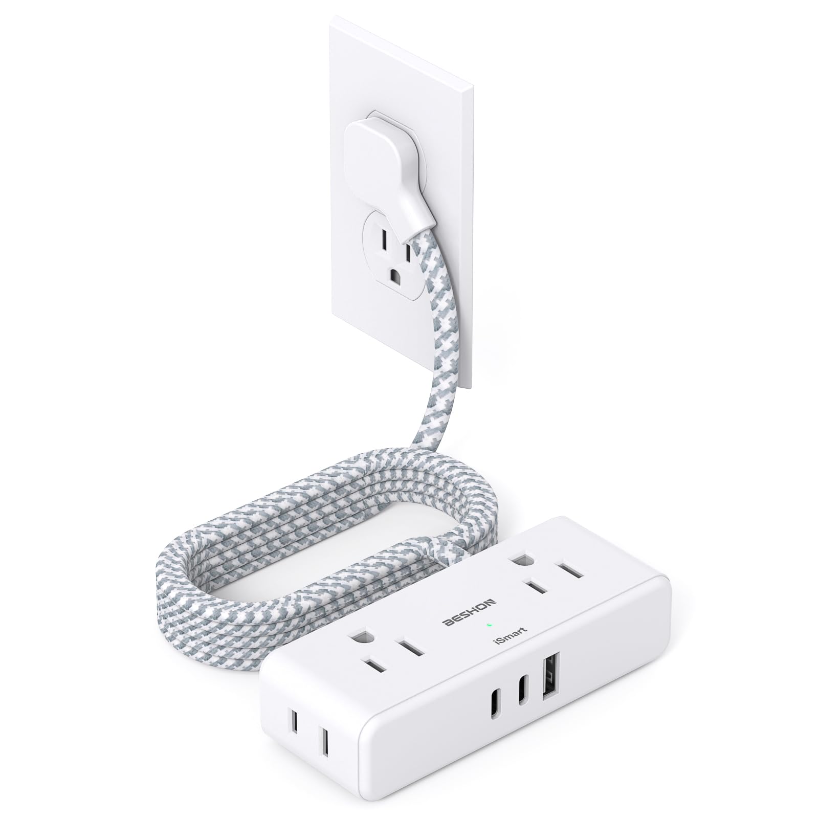 Flat Extension Cord 6 feet, Flat Plug Power Strip, 4 Widely Outlets with 3 USB Ports (2 USB C), 3 Side Outlet Extender with Extension Cord with Multiple Outlets for Home, Office, Dorm Room Essentials