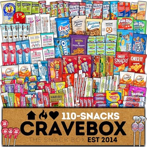 CRAVEBOX Snack Box (110 Count) Valentines Day Variety Pack Care Package Gift Basket Adult Kid Guy Girl Women Men Birthday College Student Office College Back to School