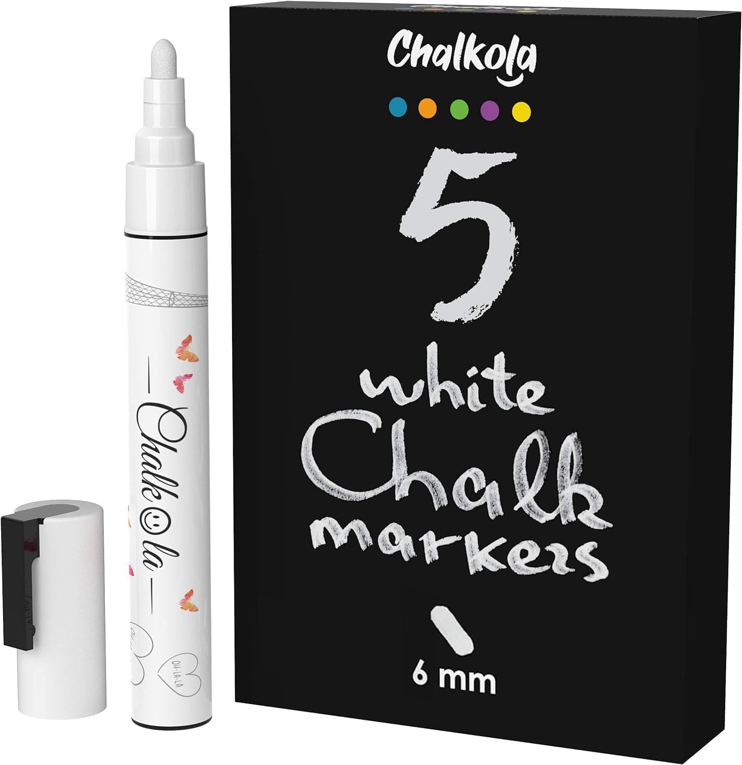 Chalkola White Chalk Markers for Blackboard, Chalkboard Sign, Window, Bistro, Car, Glass (5 Pack 6mm) - Liquid Chalkboard Markers Erasable - Paint Chalk Pens Washable Ink Reversible Tip